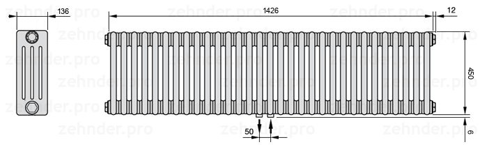 Схема (чертеж) Радиатор Zehnder Charleston 4045/31 №5410 Белый глянцевый RAL 9016